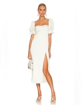 WeWoreWhat satin ivory Puff-Sleeve Midi Dress with Front Slit